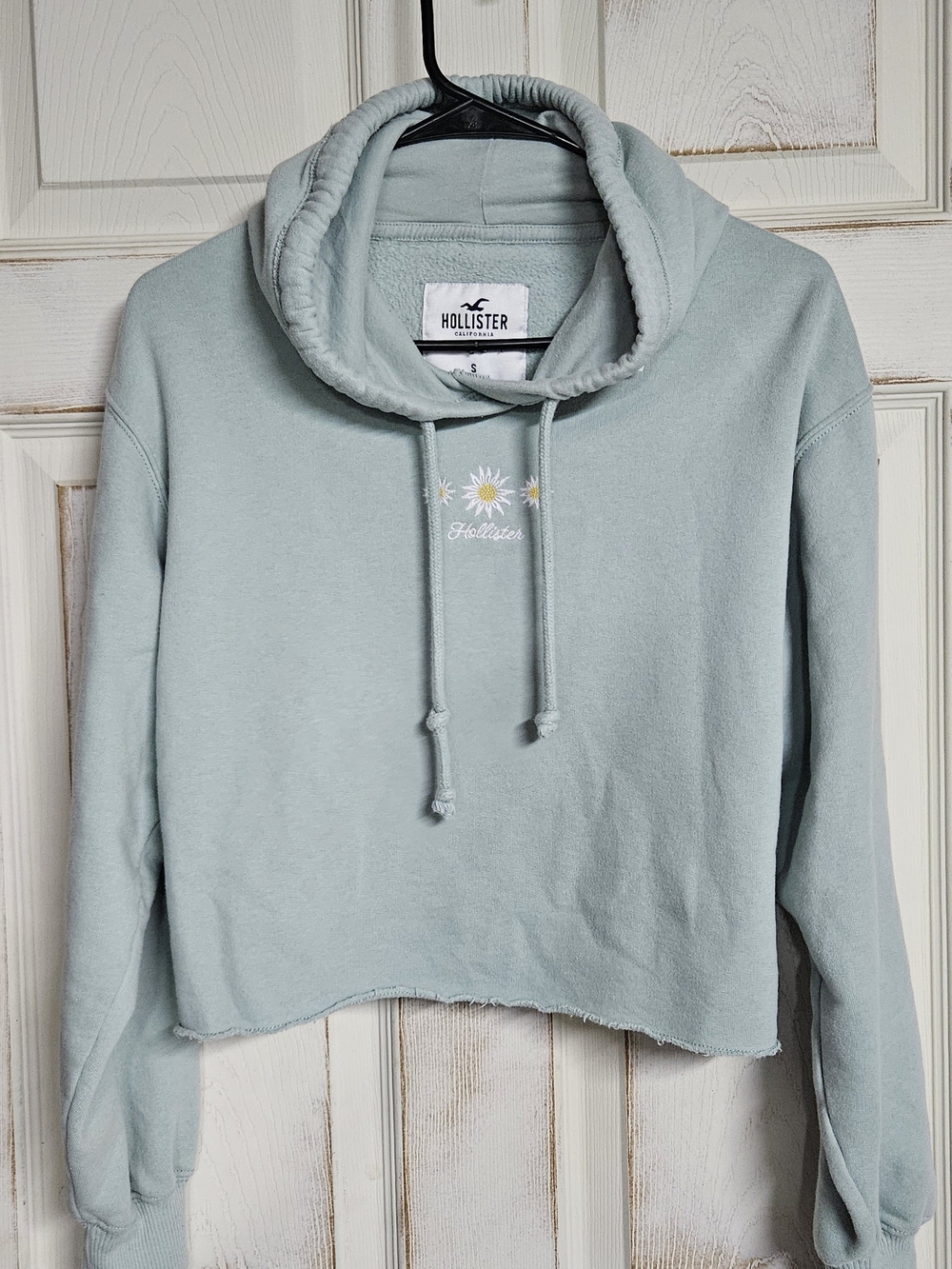Hollister Cropped Cowl-Neck Hoodie with Daisy Embroidery in Sage